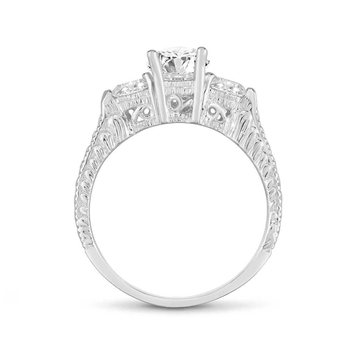 1 ct. tw. 3-Stone Round Diamond Milgrain Engagement Ring in 14K White Gold front view