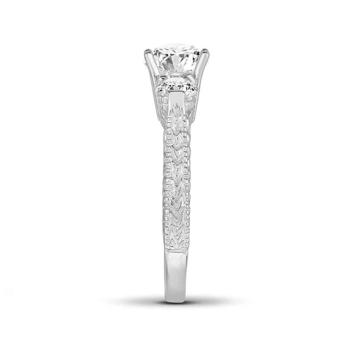 1 ct. tw. 3-Stone Round Diamond Milgrain Engagement Ring in 14K White Gold close-up detail
