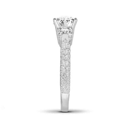 1 ct. tw. 3-Stone Round Diamond Milgrain Engagement Ring in 14K White Gold close-up detail