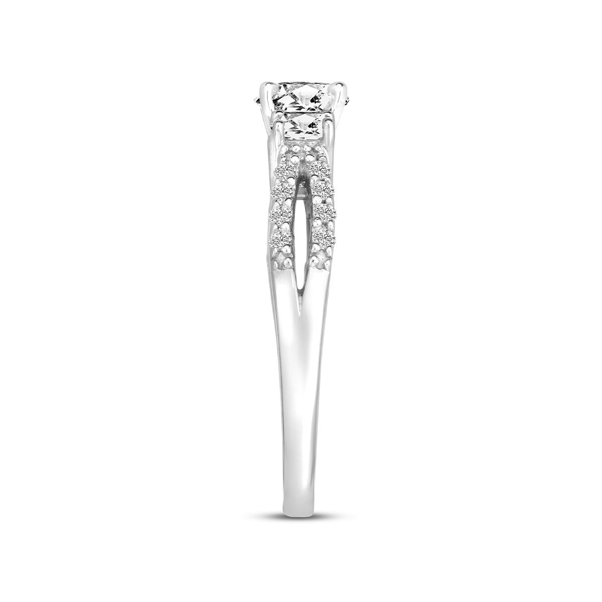 1 ct. tw. 3-Stone Round Diamond Split Shank Engagement Ring in 14K White Gold close-up detail