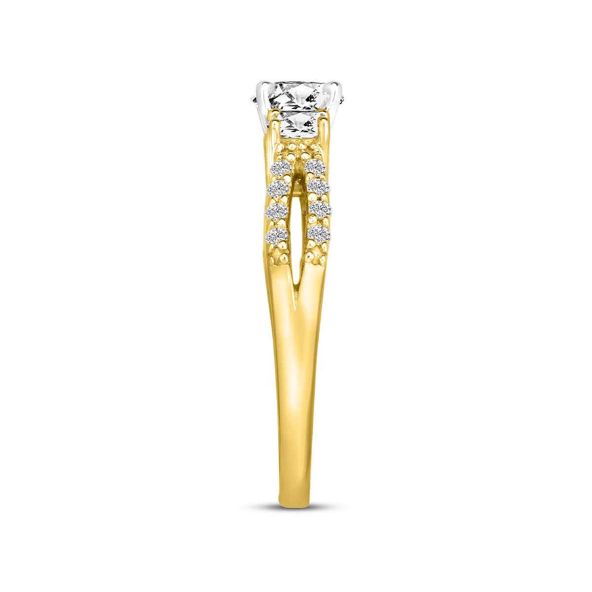 1 ct. tw. 3-Stone Round Diamond Open Engagement Ring in 14K Yellow Gold close-up detail