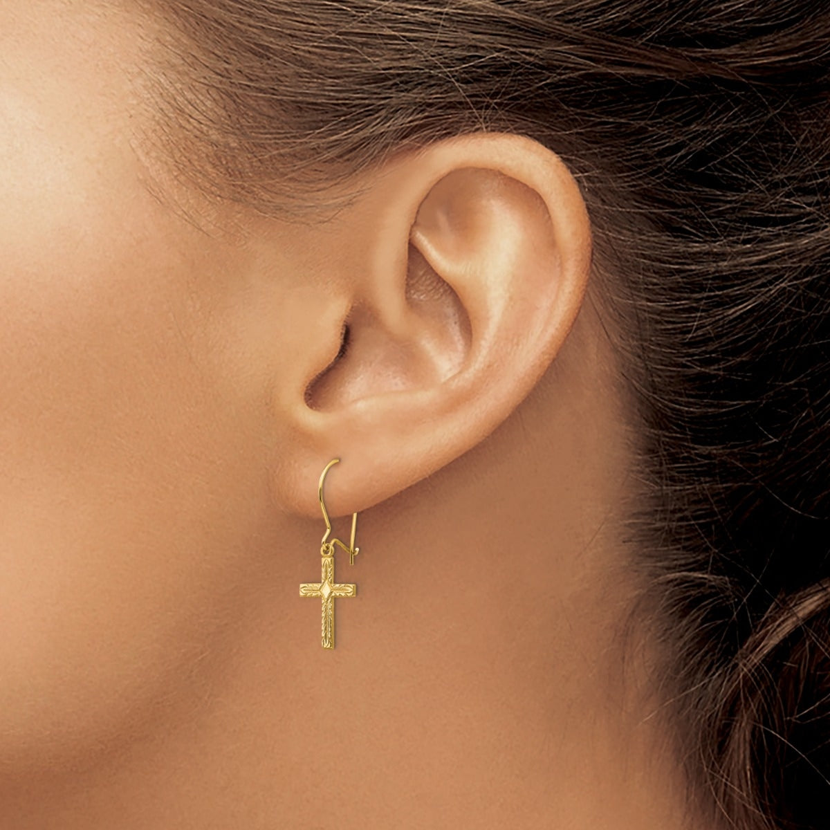 Children's Polished & Satin Cross Dangle Earrings in 14K Yellow Gold close-up detail