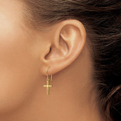 Children's Polished & Satin Cross Dangle Earrings in 14K Yellow Gold close-up detail