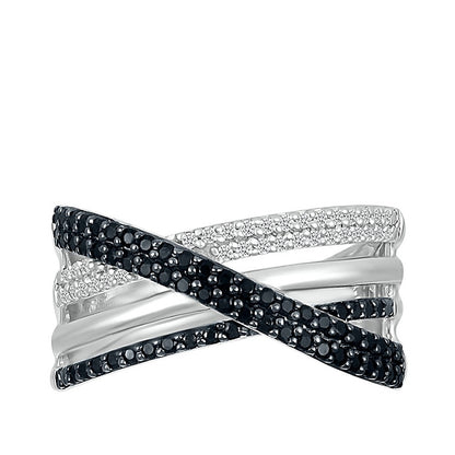 1/2 ct. tw. Black & White Diamond Multirow Crossover Ring in Sterling Silver close-up detail