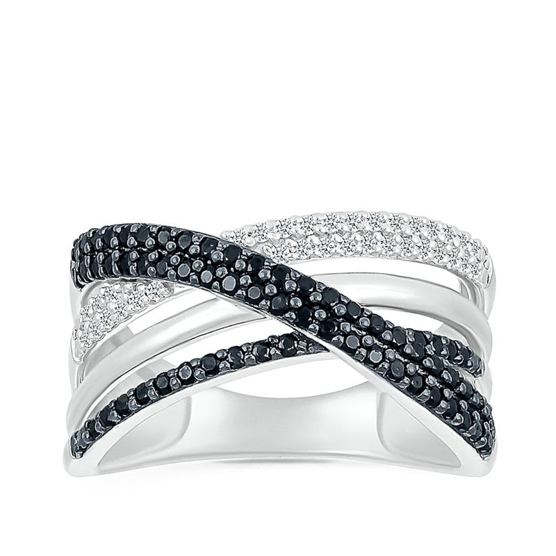 1/2 ct. tw. Black & White Diamond Multirow Crossover Ring in Sterling Silver