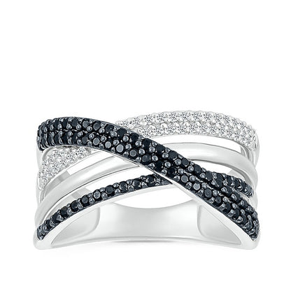 1/2 ct. tw. Black & White Diamond Multirow Crossover Ring in Sterling Silver