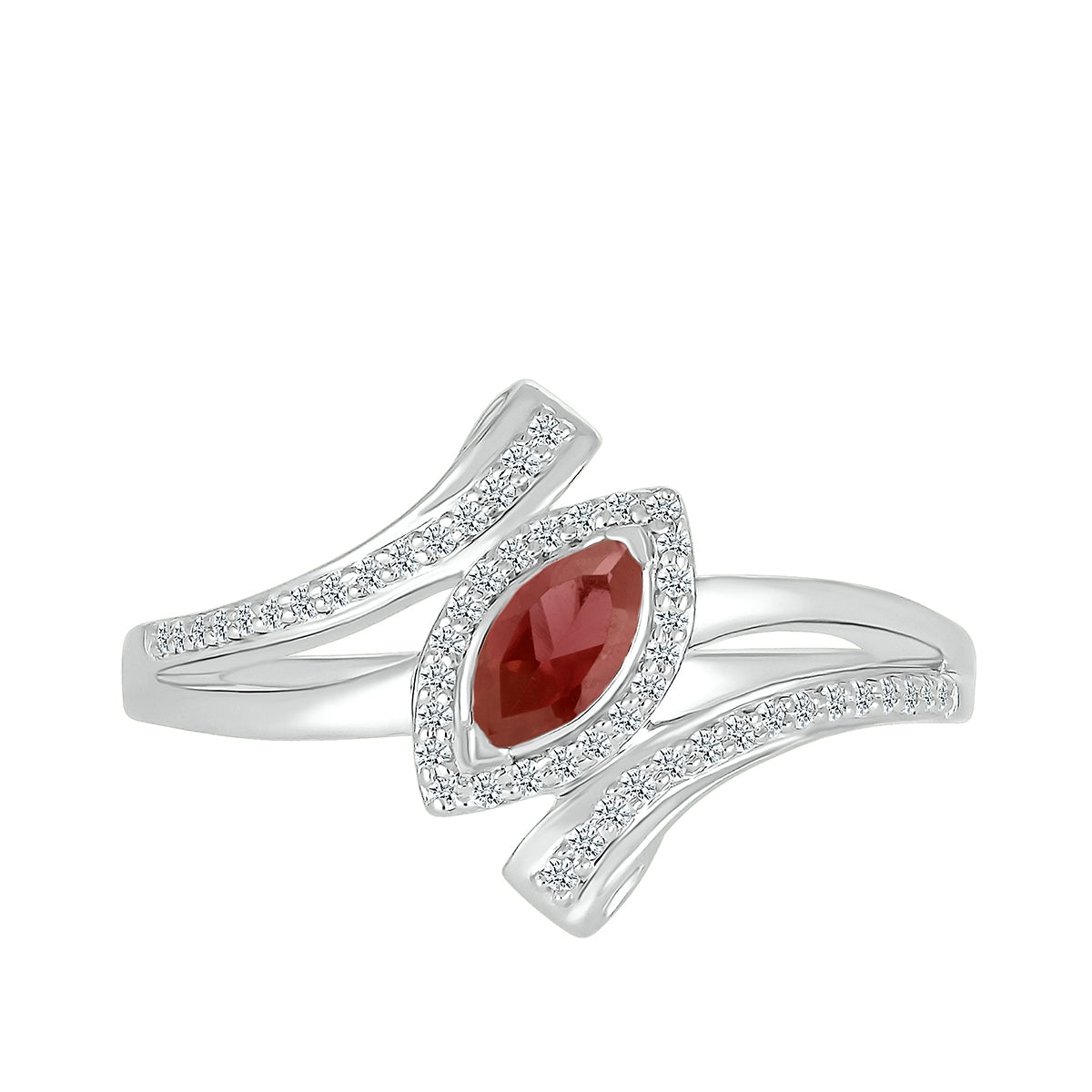 Marquise Garnet & 1/6 ct. tw. Diamond Halo Bypass Ring in 10K White Gold front view
