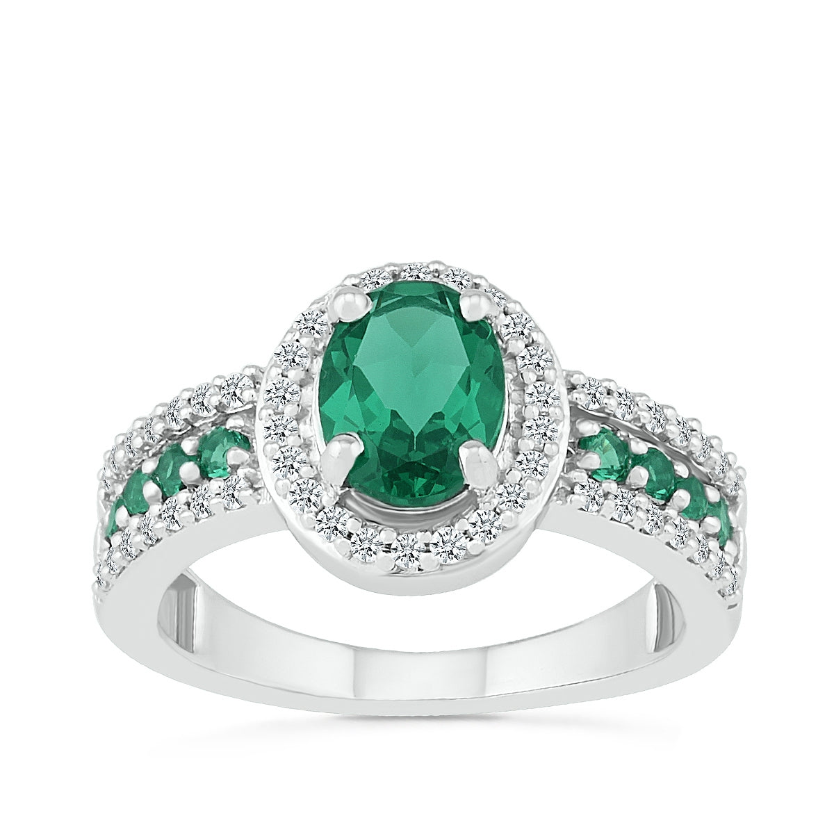 Created Oval Emerald & Created White Sapphire Halo Ring in Sterling Silver