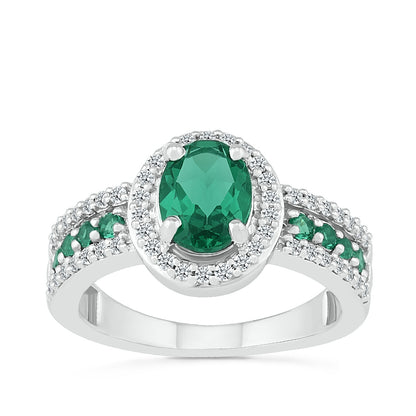 Created Oval Emerald & Created White Sapphire Halo Ring in Sterling Silver
