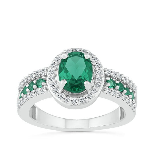 Created Oval Emerald & Created White Sapphire Halo Ring in Sterling Silver