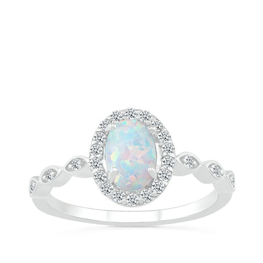 Oval Opal & 1/6 ct. tw. Diamond Halo Ring in 10K White Gold