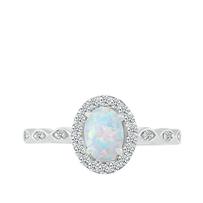 Oval Opal & 1/6 ct. tw. Diamond Halo Ring in 10K White Gold front view