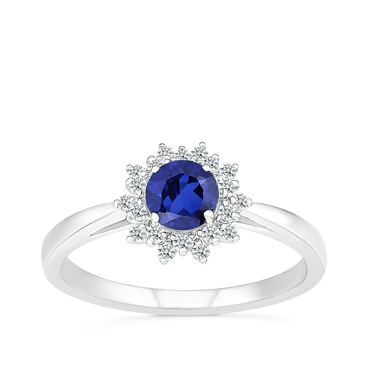 Round Sapphire & 1/6 ct. tw. Diamond Floral Halo Ring in 10K White Gold