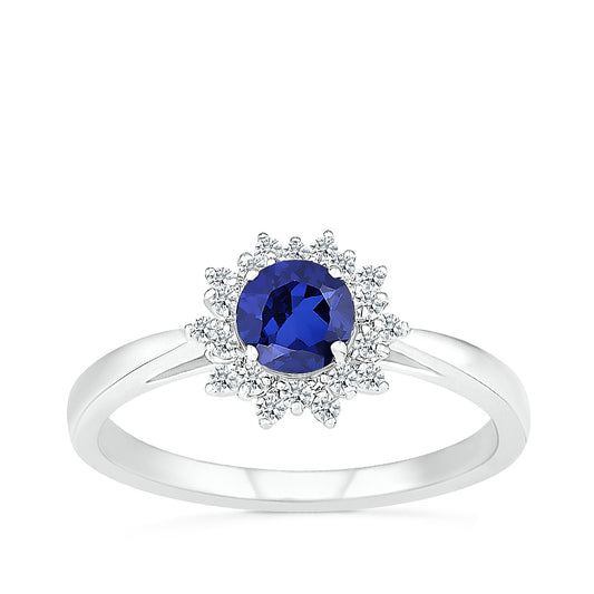 Round Sapphire & 1/6 ct. tw. Diamond Floral Halo Ring in 10K White Gold