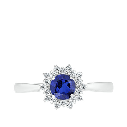 Round Sapphire & 1/6 ct. tw. Diamond Floral Halo Ring in 10K White Gold front view