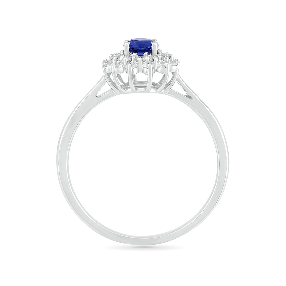 Round Sapphire & 1/6 ct. tw. Diamond Floral Halo Ring in 10K White Gold close-up detail