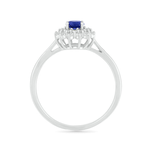 Round Sapphire & 1/6 ct. tw. Diamond Floral Halo Ring in 10K White Gold close-up detail