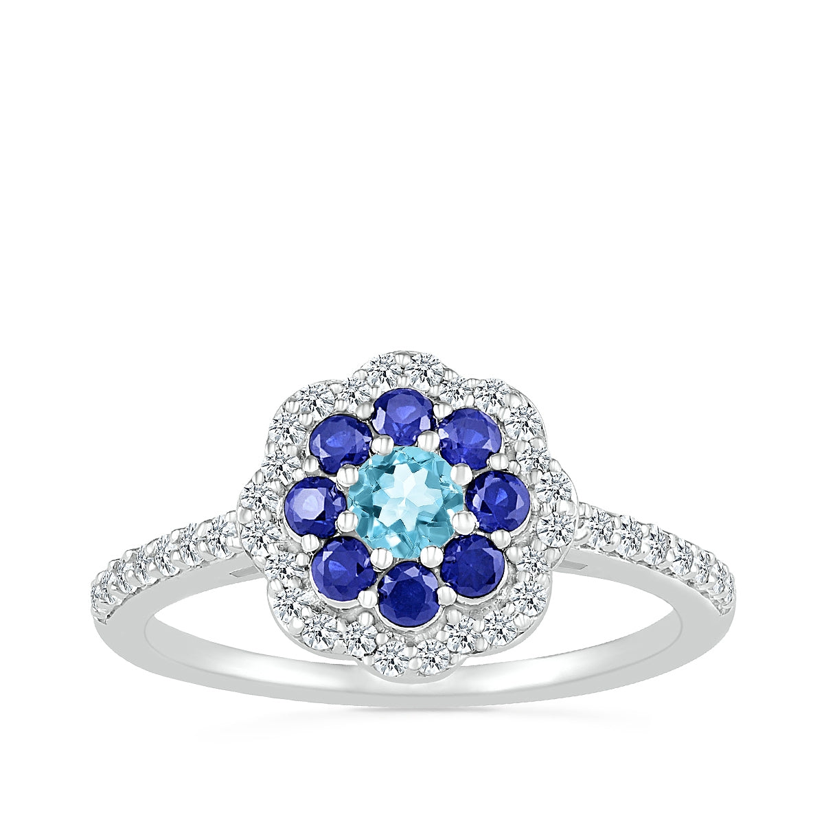 Multi-Gemstone & 1/4 ct. tw. Diamond Floral Halo Ring in 10K White Gold
