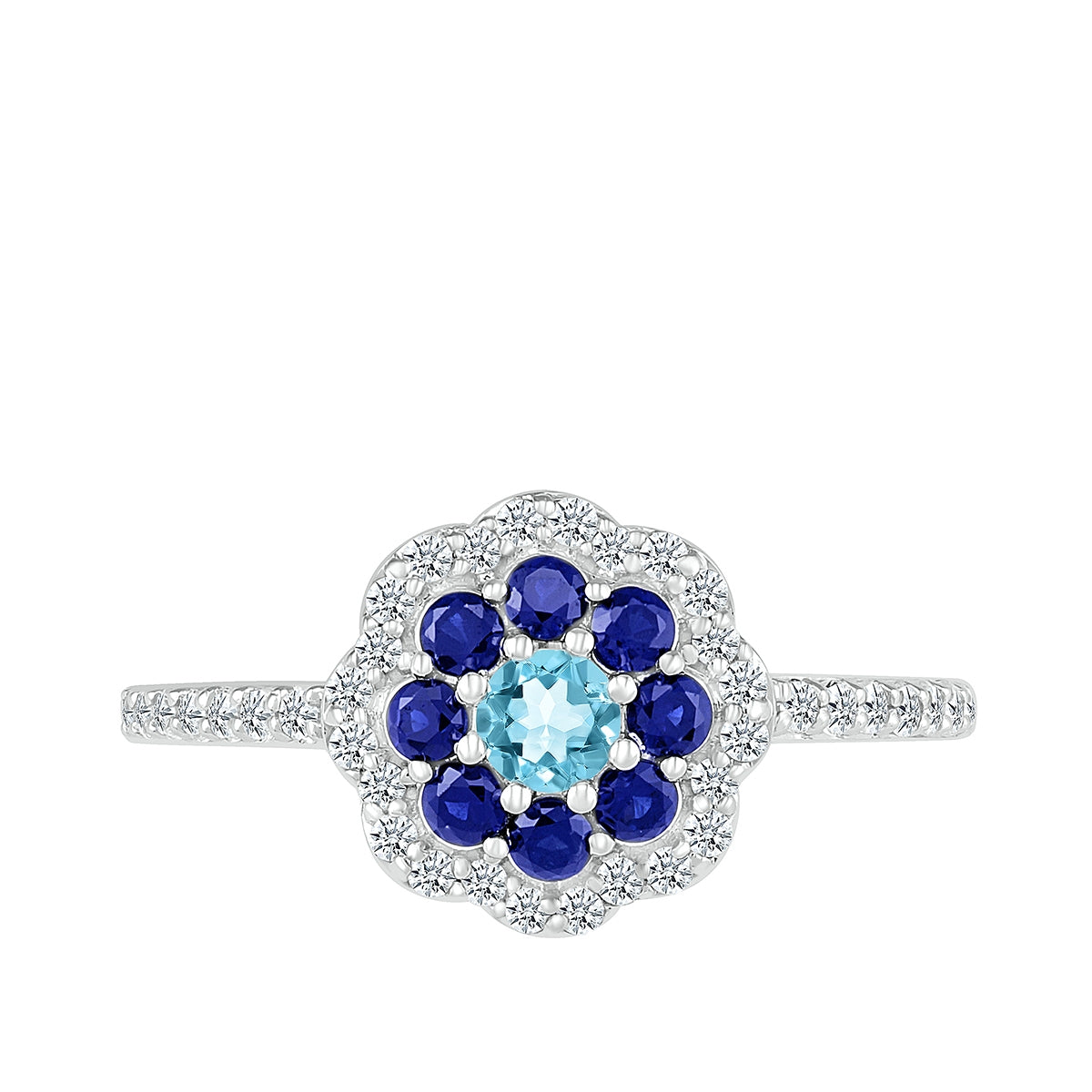 Multi-Gemstone & 1/4 ct. tw. Diamond Floral Halo Ring in 10K White Gold front view