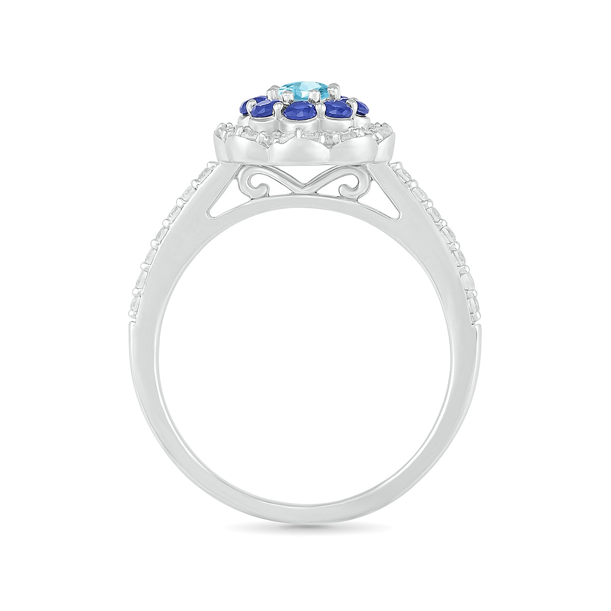 Multi-Gemstone & 1/4 ct. tw. Diamond Floral Halo Ring in 10K White Gold close-up detail