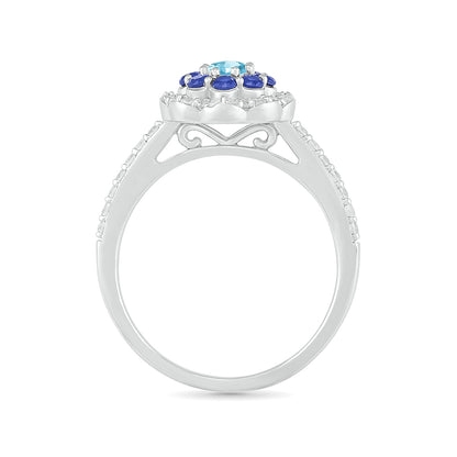 Multi-Gemstone & 1/4 ct. tw. Diamond Floral Halo Ring in 10K White Gold close-up detail