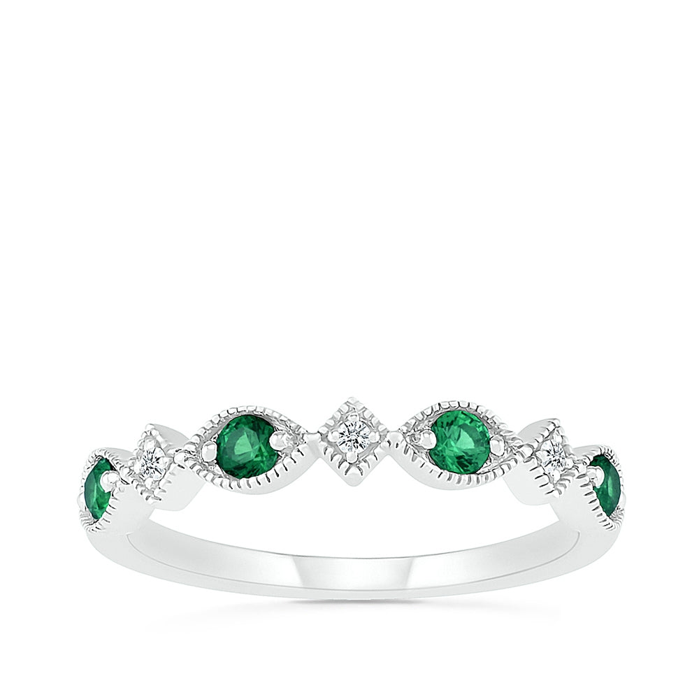 Created Round Emerald & Diamond Accent Milgrain Stackable Ring in 10K White Gold
