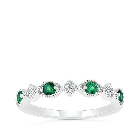 Created Round Emerald & Diamond Accent Milgrain Stackable Ring in 10K White Gold