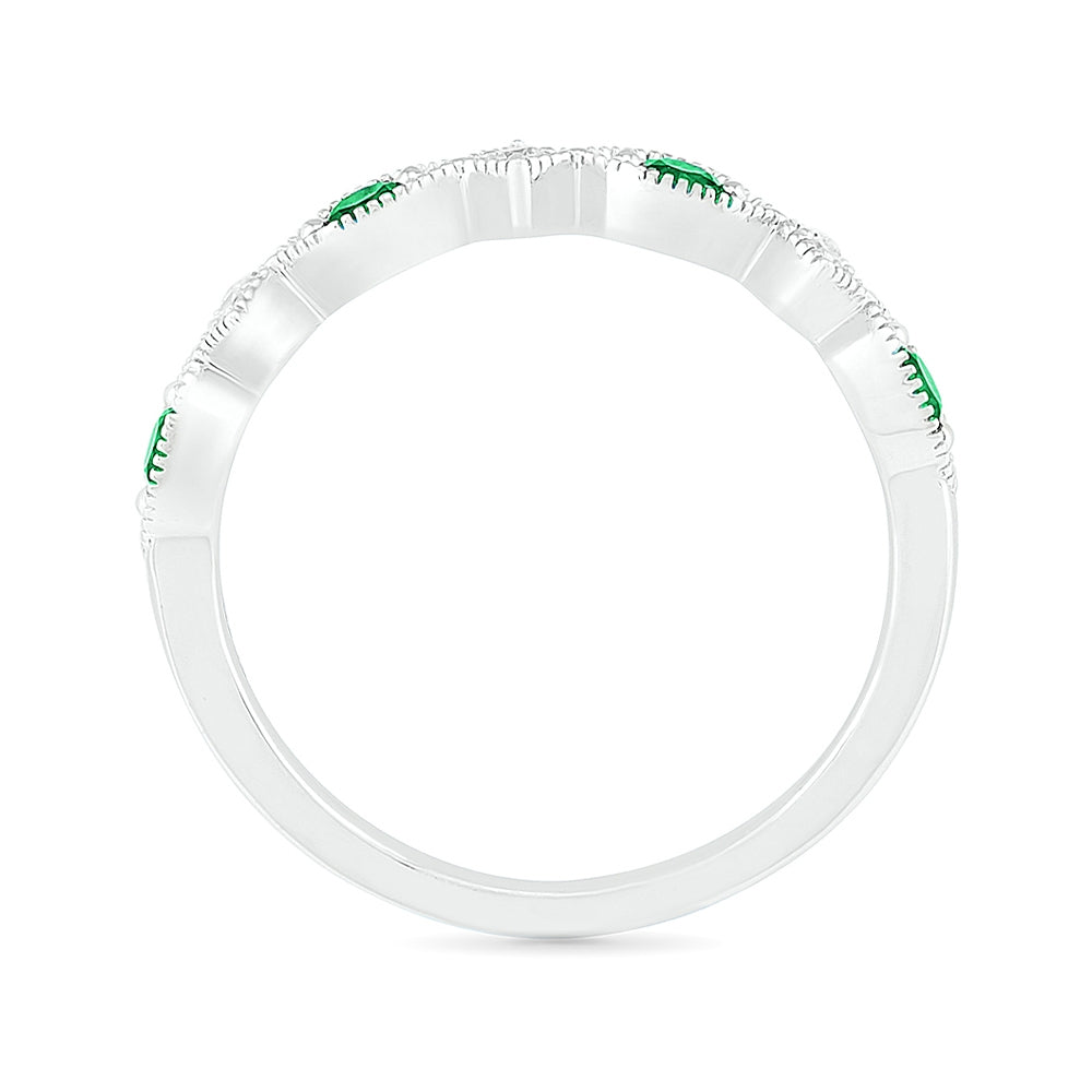 Created Round Emerald & Diamond Accent Milgrain Stackable Ring in 10K White Gold front view