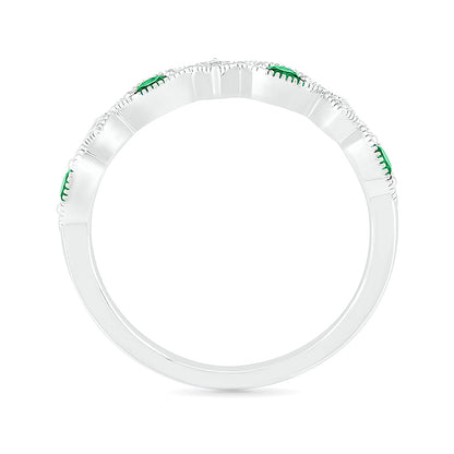 Created Round Emerald & Diamond Accent Milgrain Stackable Ring in 10K White Gold front view