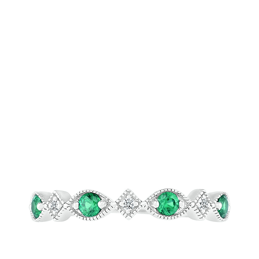 Created Round Emerald & Diamond Accent Milgrain Stackable Ring in 10K White Gold close-up detail