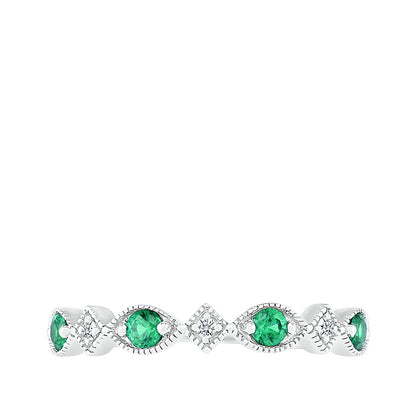 Created Round Emerald & Diamond Accent Milgrain Stackable Ring in 10K White Gold close-up detail
