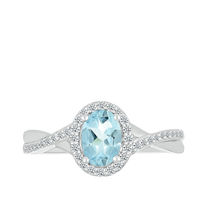 Oval Aquamarine & 1/5 ct. tw. Diamond Halo Twist Ring in 10K White Gold front view
