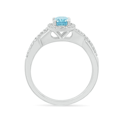 Oval Aquamarine & 1/5 ct. tw. Diamond Halo Twist Ring in 10K White Gold close-up detail