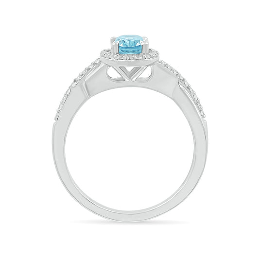 Oval Aquamarine & 1/5 ct. tw. Diamond Halo Twist Ring in 10K White Gold close-up detail