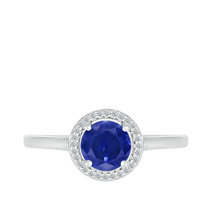 Round Sapphire & 1/15 ct. tw. Diamond Halo Ring in 10K White Gold front view