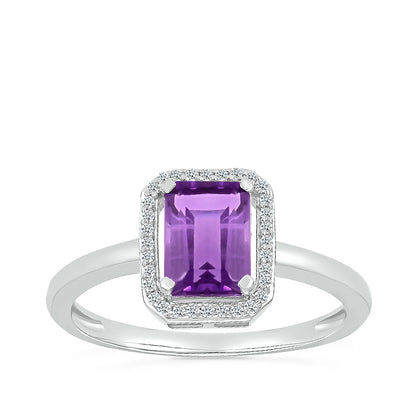 Emerald Cut Amethyst & 1/15 ct. tw. Diamond Halo Ring in 10K White Gold