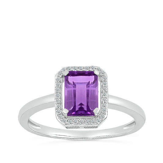 Emerald Cut Amethyst & 1/15 ct. tw. Diamond Halo Ring in 10K White Gold