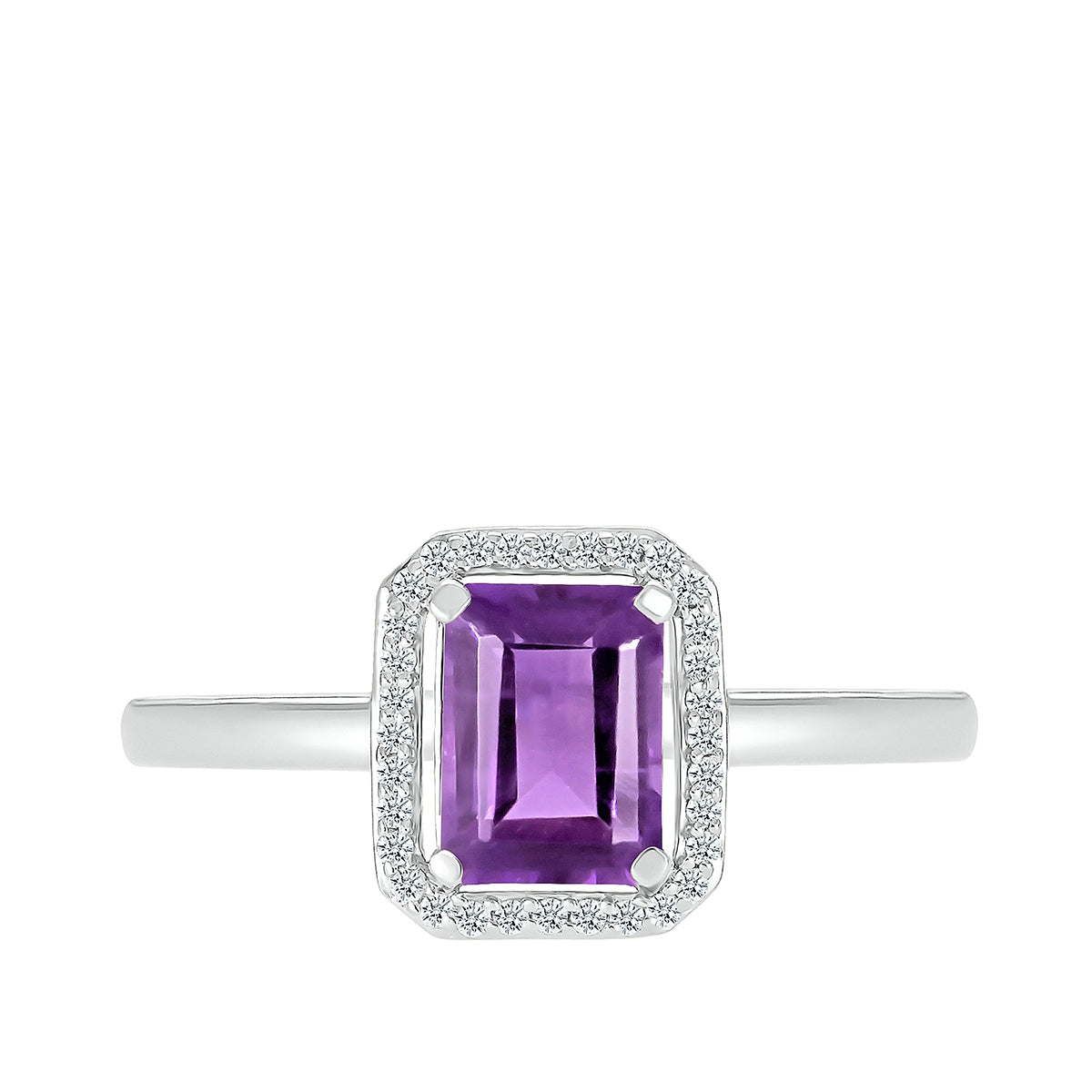 Emerald Cut Amethyst & 1/15 ct. tw. Diamond Halo Ring in 10K White Gold front view