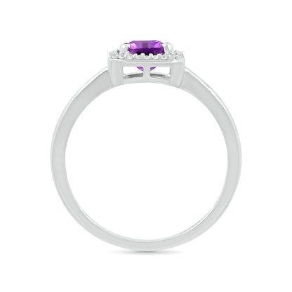Emerald Cut Amethyst & 1/15 ct. tw. Diamond Halo Ring in 10K White Gold close-up detail