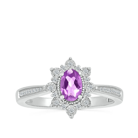 Oval Amethyst & 1/10 ct. tw. Diamond Floral Halo Ring with Miracle Plates in 10K White Gold