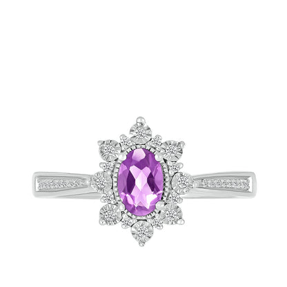 Oval Amethyst & 1/10 ct. tw. Diamond Floral Halo Ring with Miracle Plates in 10K White Gold front view