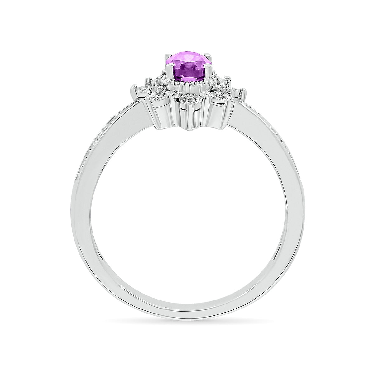 Oval Amethyst & 1/10 ct. tw. Diamond Floral Halo Ring with Miracle Plates in 10K White Gold close-up detail