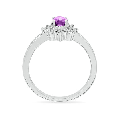 Oval Amethyst & 1/10 ct. tw. Diamond Floral Halo Ring with Miracle Plates in 10K White Gold close-up detail