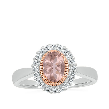 Oval Morganite & 1/5 ct. tw. Diamond Halo Ring in Sterling Silver & 10K Pink Gold