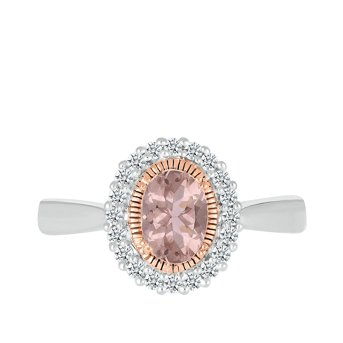 Oval Morganite & 1/5 ct. tw. Diamond Halo Ring in Sterling Silver & 10K Pink Gold front view