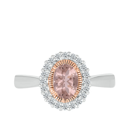 Oval Morganite & 1/5 ct. tw. Diamond Halo Ring in Sterling Silver & 10K Pink Gold front view