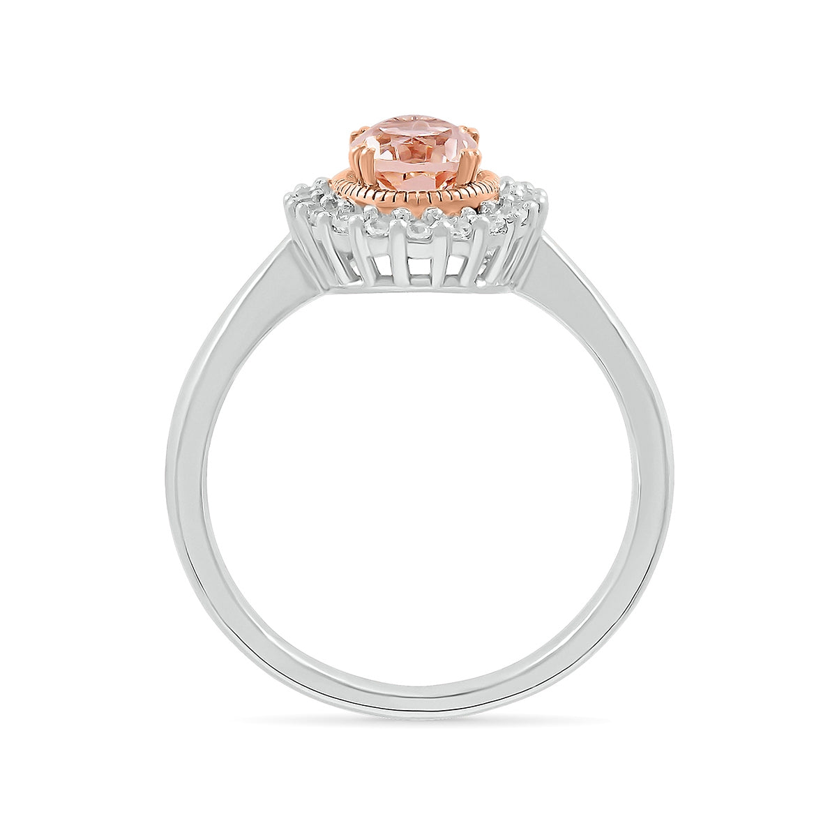 Oval Morganite & 1/5 ct. tw. Diamond Halo Ring in Sterling Silver & 10K Pink Gold close-up detail