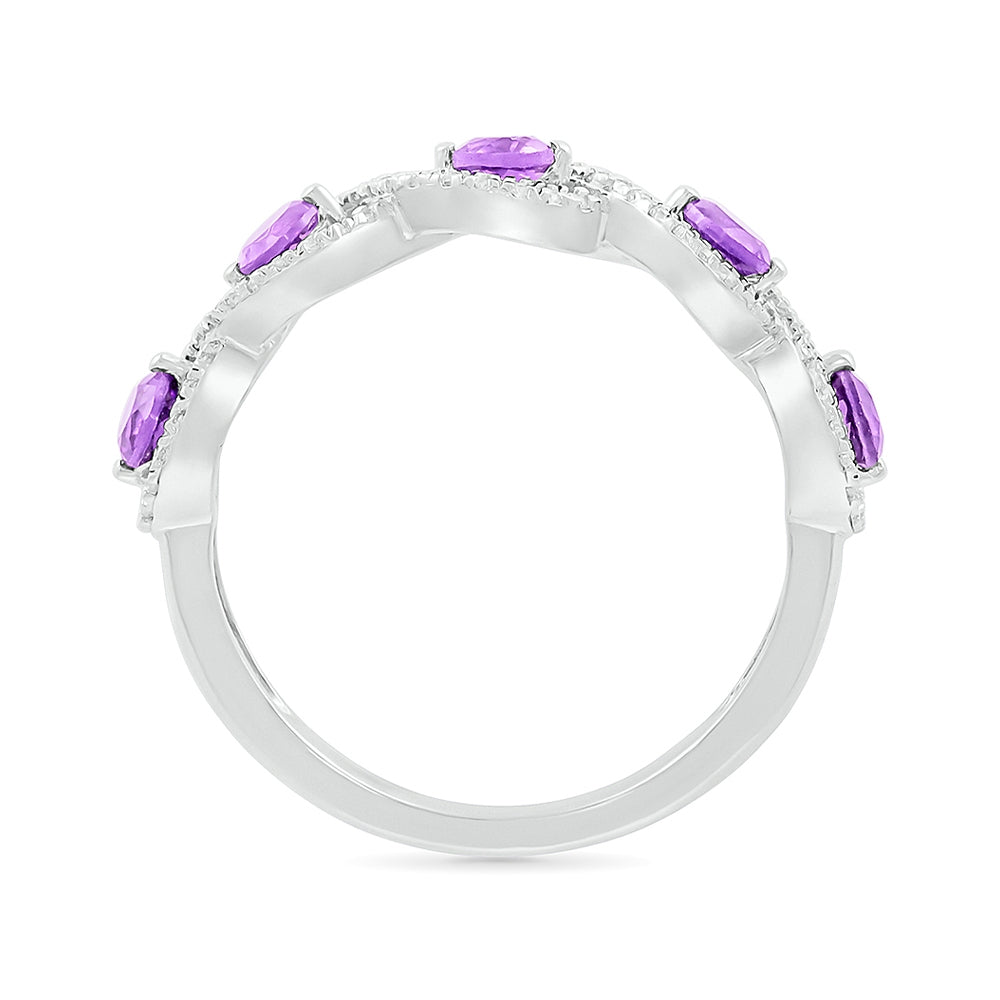 Round Amethyst & 1/5 ct. tw. Diamond Twist Stackable Ring in 10K White Gold front view