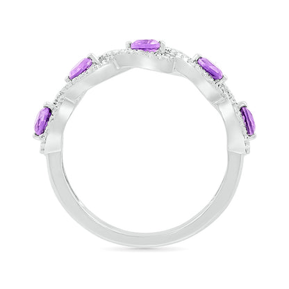 Round Amethyst & 1/5 ct. tw. Diamond Twist Stackable Ring in 10K White Gold front view