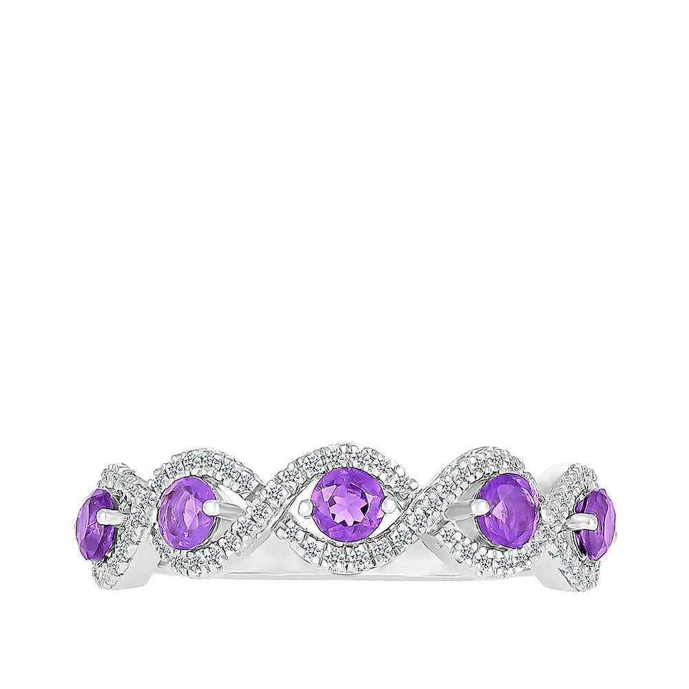 Round Amethyst & 1/5 ct. tw. Diamond Twist Stackable Ring in 10K White Gold close-up detail